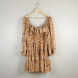 Ulla Johnson Womens Floral Silk Ruffle Puff  Sleeve Pink Mini Dress Smocked 4 S